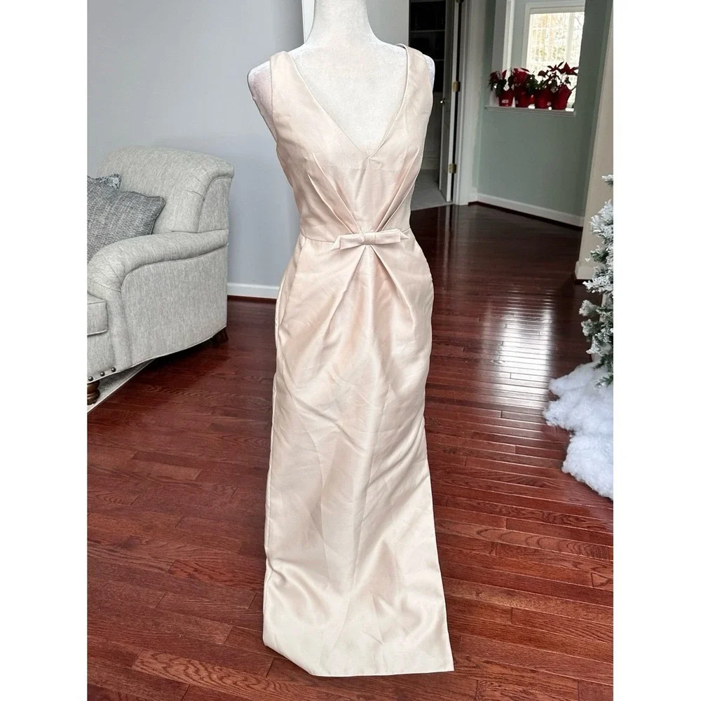 Alfred Sung Beige Champagne Satin Plunge Gown Dress with Pockets Size 8 - Picture 2 of 11